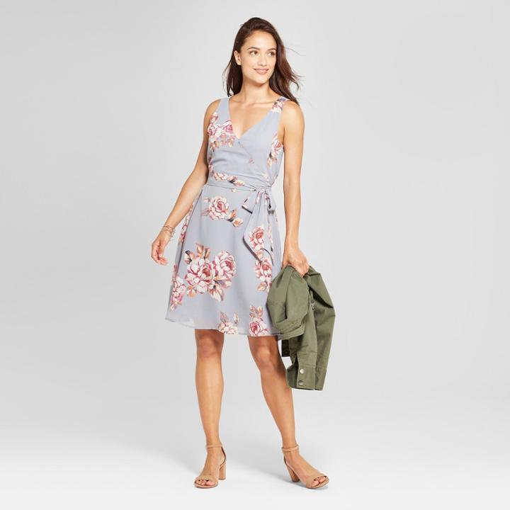 Women's Floral Print Sleeveless Chiffon Tie Waist Dress - A New Day Blue