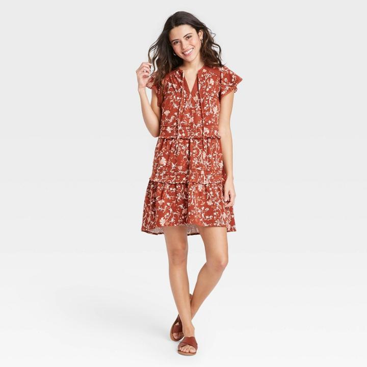 Women's Floral Print Flutter Short Sleeve Knit Tiered Dress - Knox Rose Brown
