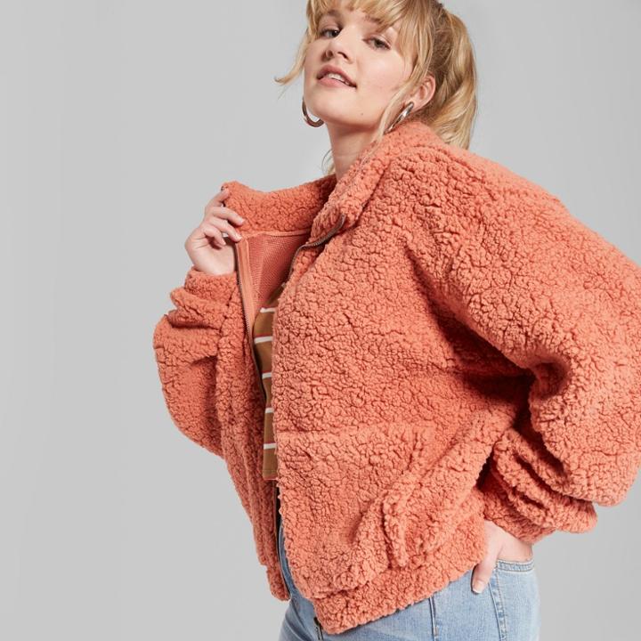 Women's Plus Size Zip-up Sherpa Jacket - Wild Fable Calm Orange