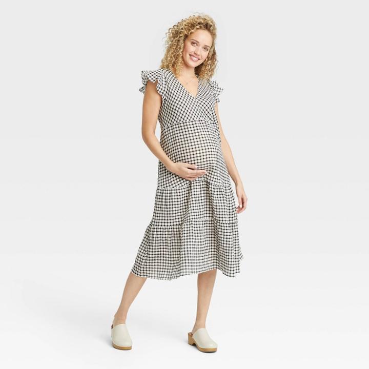 The Nines By Hatch Flutter Short Sleeve Maternity Dress Black Plaid