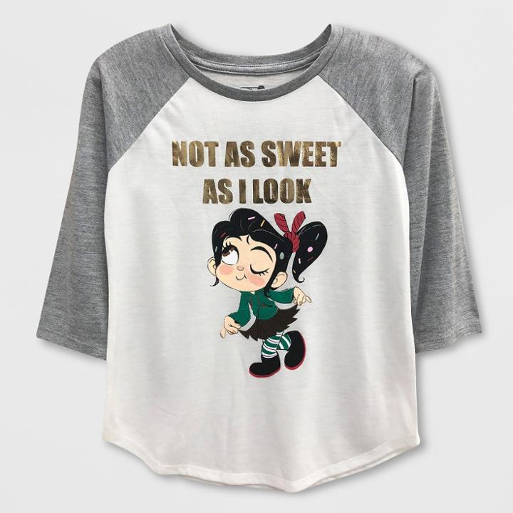 Girls' Disney Wreck-it Ralph Short Sleeve Raglan T-shirt - White/heather Gray