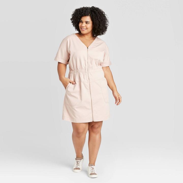 Women's Plus Size Short Sleeve V-neck Front Zip Elastic Waist Dress - Universal Thread Pink 1x, Women's,