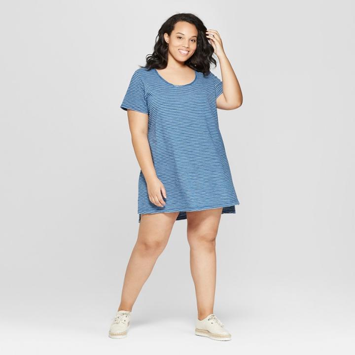 Women's Plus Size Striped Short Sleeve Scoop Neck T-shirt Dress - Universal Thread Indigo
