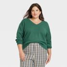 Women's Plus Size Fine Gauge V-neck Sweater - A New Day Green