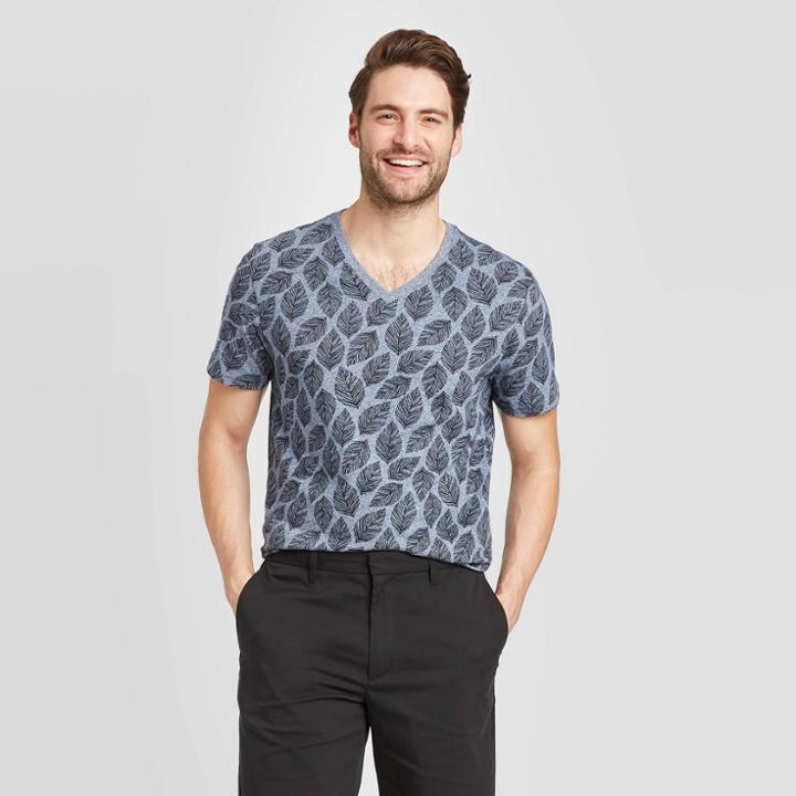 Men's Leaf Print Standard Fit Short Sleeve V-neck Novelty T-shirt - Goodfellow & Co Blue S, Men's,