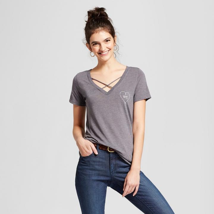 Women's New York Heart Short Sleeve Drapey T-shirt - Awake - Charcoal
