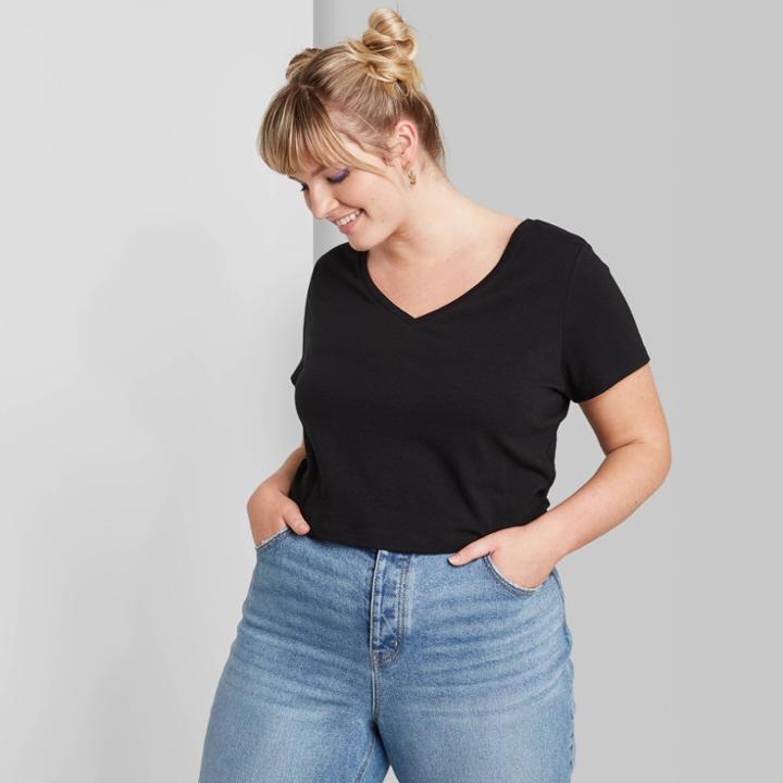 Women's Plus Size Short Sleeve Cropped V-neck T-shirt - Wild Fable Black 1x, Women's,