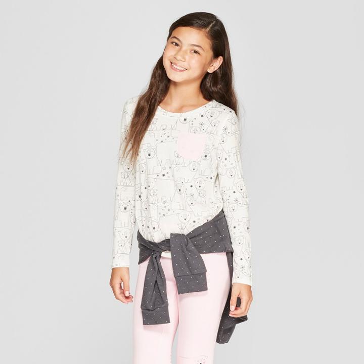 Girls' Long Sleeve Polar Bears Pocket T-shirt - Cat & Jack Almond Cream