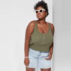 Women's Plus Size Pointelle Scoop Neck Snap Placket Tank Top - Wild Fable Olive (green)
