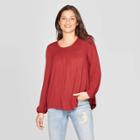 Women's Long Sleeve Crewneck Ruffle Trim Blouse - Knox Rose Red