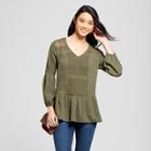 Women's Long Sleeve Lace Inset Peplum Top - Knox Rose Olive