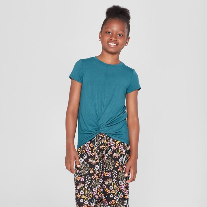 Girls' Tie Front Knit T-shirt - Art Class Teal