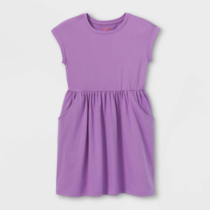Girls' Printed 100% Cotton Short Sleeve Knit Dress - Cat & Jack Bright Purple