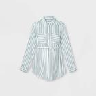 Maternity Striped Rolled Tab Long Sleeve Collared Woven Popover T-shirt - Isabel Maternity By Ingrid & Isabel Green