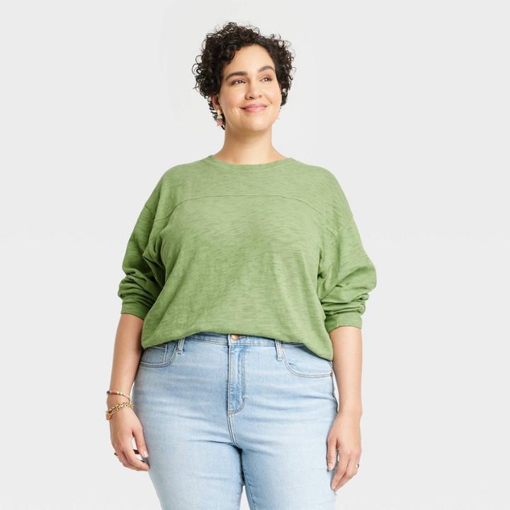 Women's Plus Size Long Sleeve Varsity T-shirt - Universal Thread Green