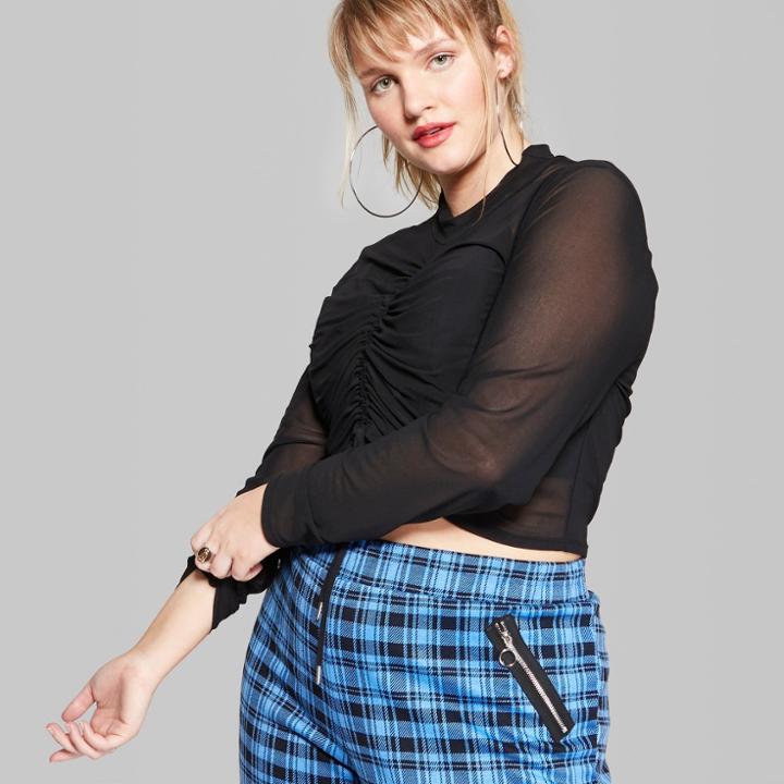 Women's Plus Size Cropped Long Sleeve Mesh Ruched Front Top - Wild Fable Black