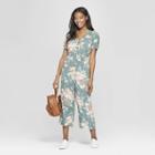 Women's Floral Print Short Sleeve Button Front Cropped Jumpsuit - Xhilaration Brown