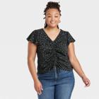 Women's Plus Size Short Sleeve Cinched V-neck T-shirt - Ava & Viv Black Floral