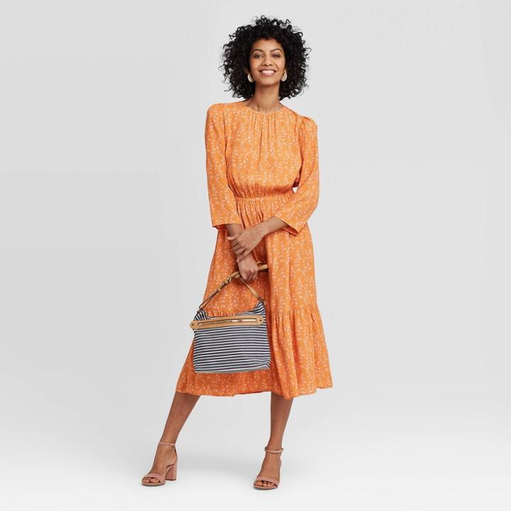 Women's Floral Print Long Sleeve Crewneck Tiered Midi Dress - A New Day Orange