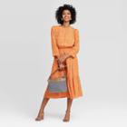 Women's Floral Print Long Sleeve Crewneck Tiered Midi Dress - A New Day Orange