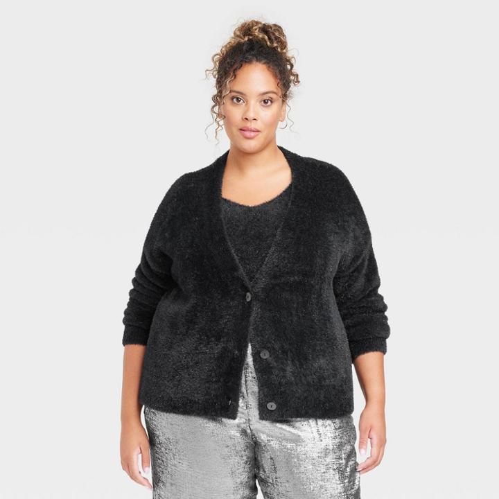 Women's Plus Size Fuzzy Cardigan - A New Day Black