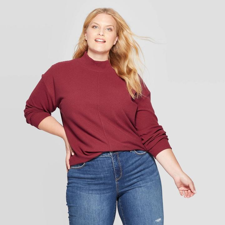 Women's Plus Size Long Sleeve Turtleneck Directional Rib Tunic - Ava & Viv Brick Red X, Women's