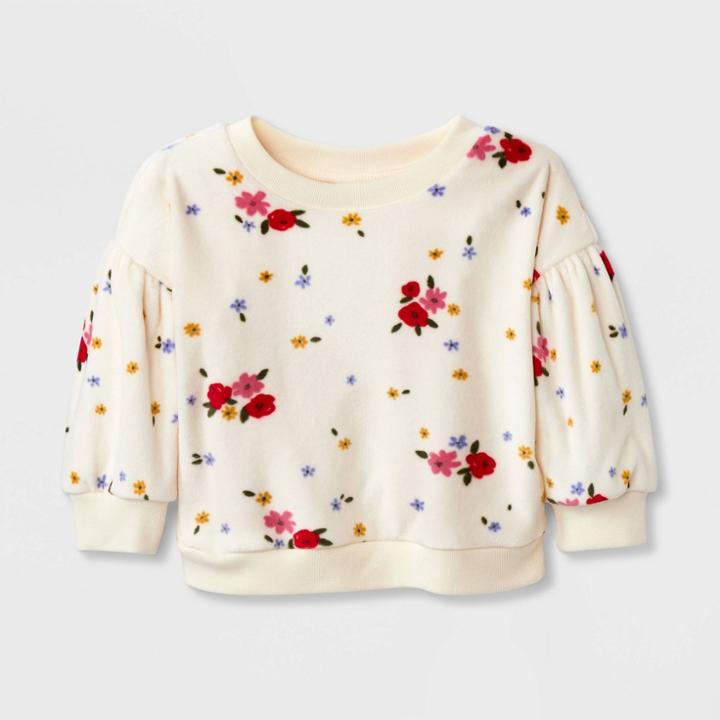Baby Girls' Floral Cozy Pullover - Cat & Jack Cream Newborn, Ivory