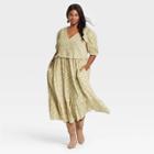 Women's Plus Size Puff Short Sleeve Smocked Dress - Universal Thread Green 2x Floral Print