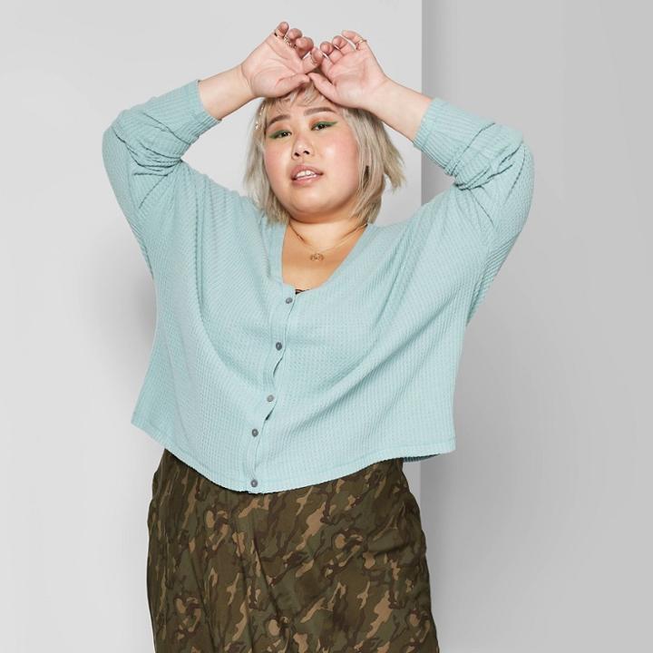 Women's Plus Size Long Sleeve V-neck Button-front Thermal Top - Wild Fable Teal 2x, Women's, Size: