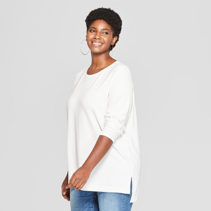 Women's Plus Size Long Sleeve Crew Neck T-shirt - Ava & Viv Cream (ivory)