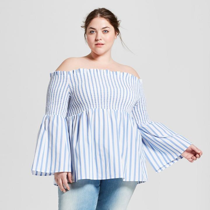 Women's Plus Size Striped Long Sleeve Smocked Tunic - Who What Wear Blue 1x, Blue