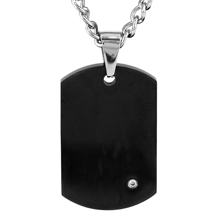 Crucible Men's Stainless Steel Plated Dog Tag With Cubic Zirconia Necklace - Black, Black/stone