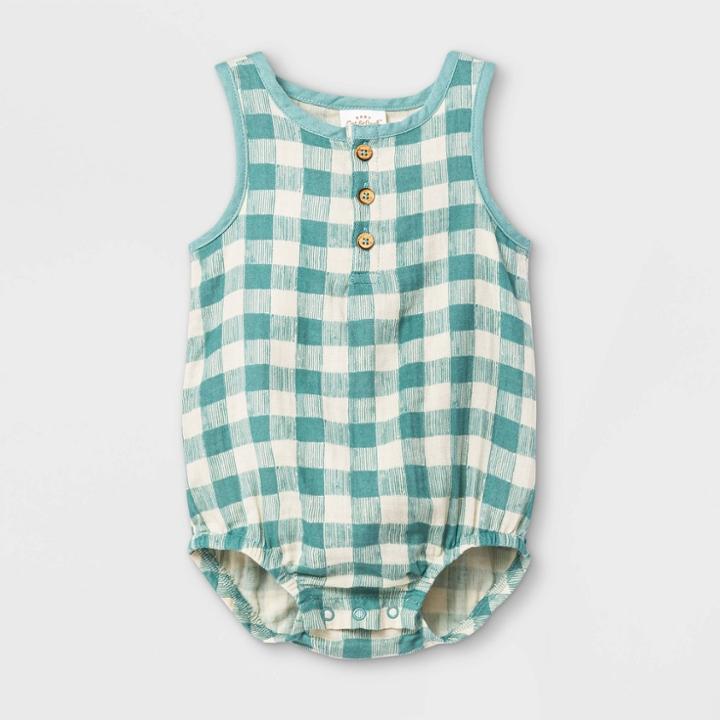 Baby Boys' Gauze Gingham Bubble Printed Romper - Cat & Jack Green Newborn
