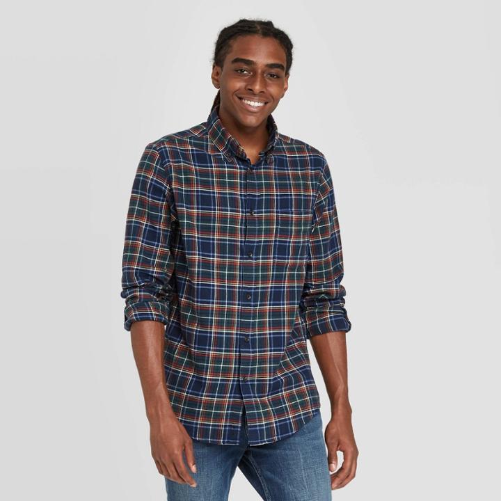Men's Standard Fit Long Sleeve 1-pocket Flannel Button-down Shirt - Goodfellow & Co Navy