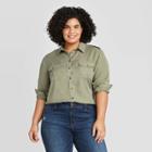 Women's Plus Size Long Sleeve Collared Button-down Shirt - Universal Thread Olive 1x, Women's, Size: