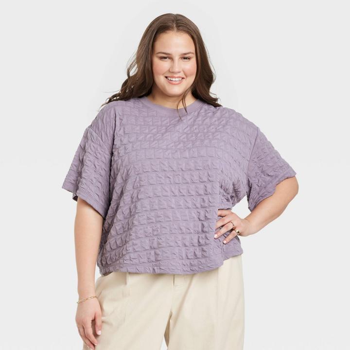Women's Plus Size Bell Short Sleeve Quilted Boxy T-shirt - A New Day Purple