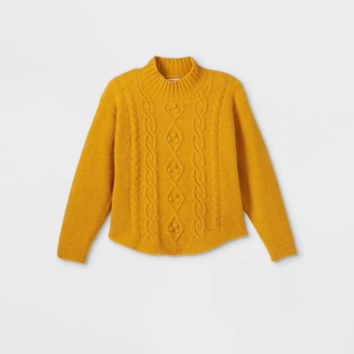 Girls' Cable Knit Mock Neck Pullover Sweater - Cat & Jack Mustard Yellow
