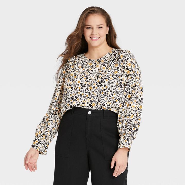 Women's Plus Size Balloon Long Sleeve Boat Neck Woven Top - Who What Wear Cream Floral 1x, Ivory Floral