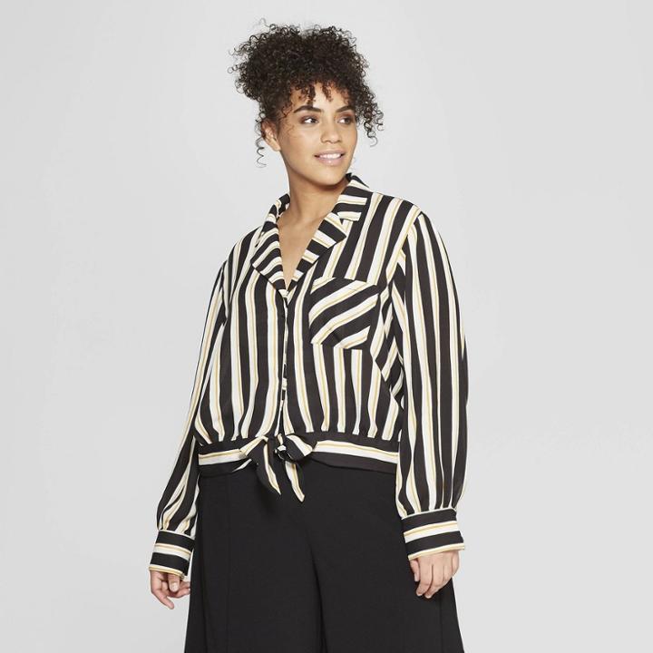 Women's Plus Size Striped Long Sleeve Knotted Waist Button-down Shirt - Who What Wear Black/white