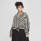 Women's Plus Size Striped Long Sleeve Knotted Waist Button-down Shirt - Who What Wear Black/white