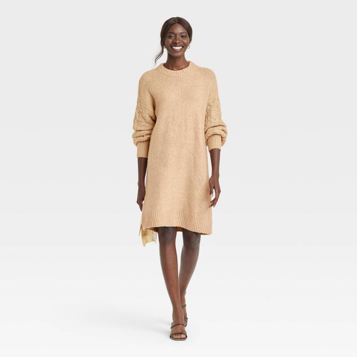 Women's Long Sleeve Cable Knit Sweater Dress - A New Day Beige