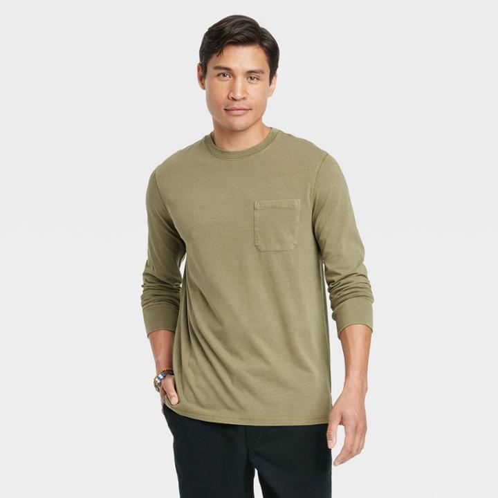 Men's Long Sleeve Garment Dyed Pocket T-shirt - Goodfellow & Co Forest Green