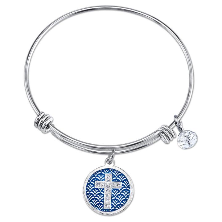 Distributed By Target Women's Stainless Steel Faith Cross Enamel Expandable Bracelet - Silver (8),