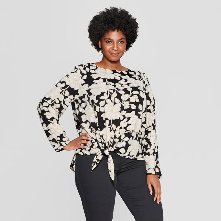 Women's Plus Size Floral Print Long Sleeve Tie Front Woven Top - Ava & Viv Black