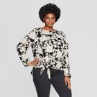 Women's Plus Size Floral Print Long Sleeve Tie Front Woven Top - Ava & Viv Black