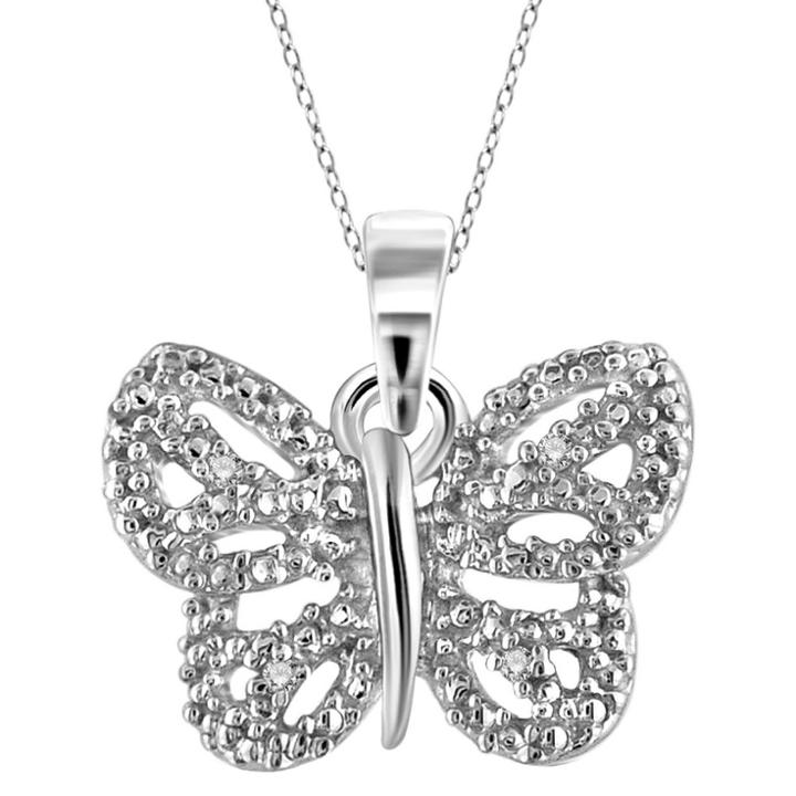 Distributed By Target Women's Sterling Silver Accent Round-cut White Diamond Pave Set Butterfly Pendant - White
