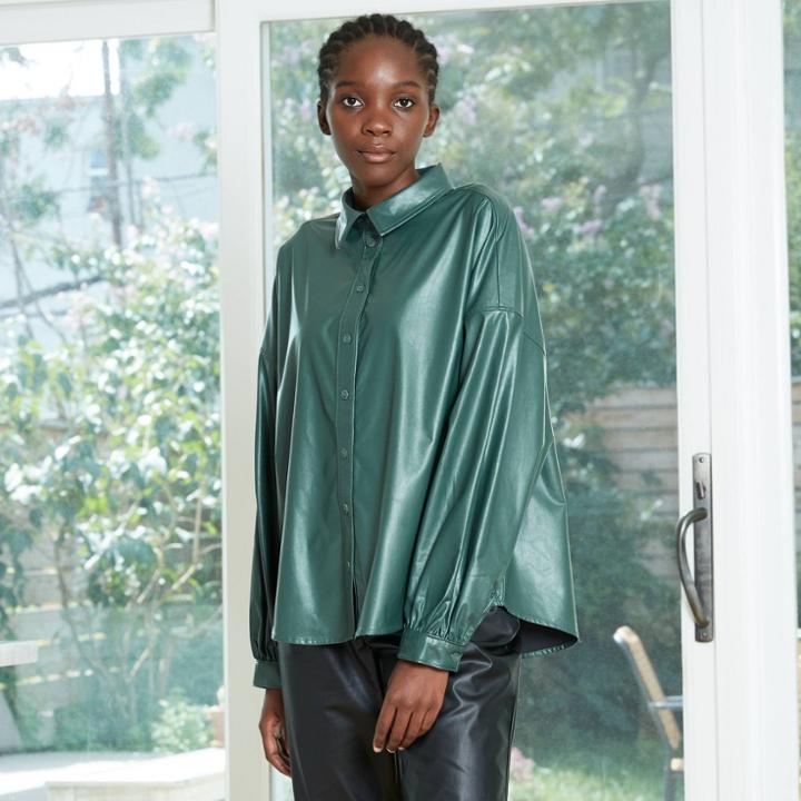 Women's Long Sleeve Faux Leather Button-down Shirt - Prologue Green