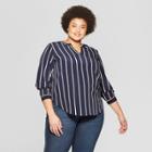 Women's Plus Size Striped Long Sleeve Crew Neck Woven Popover - Ava & Viv Navy