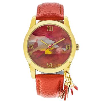 Boum Aquarelle Ladies Watercolor Dial Leather-band Watch W/hanging Tassel - Coral