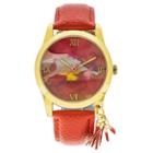 Boum Aquarelle Ladies Watercolor Dial Leather-band Watch W/hanging Tassel - Coral